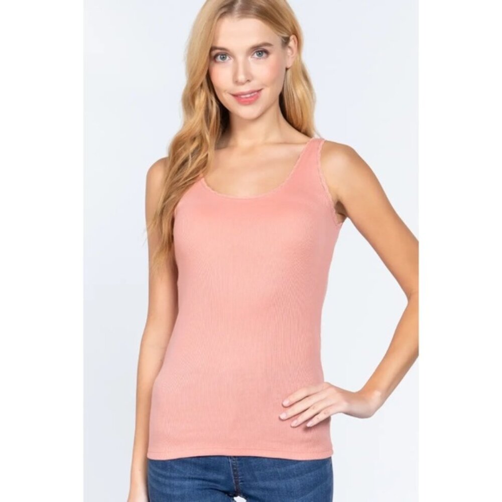 [VAULT CLEARANCE] Active Basic Pink/Coral Lace Trim Tank • L